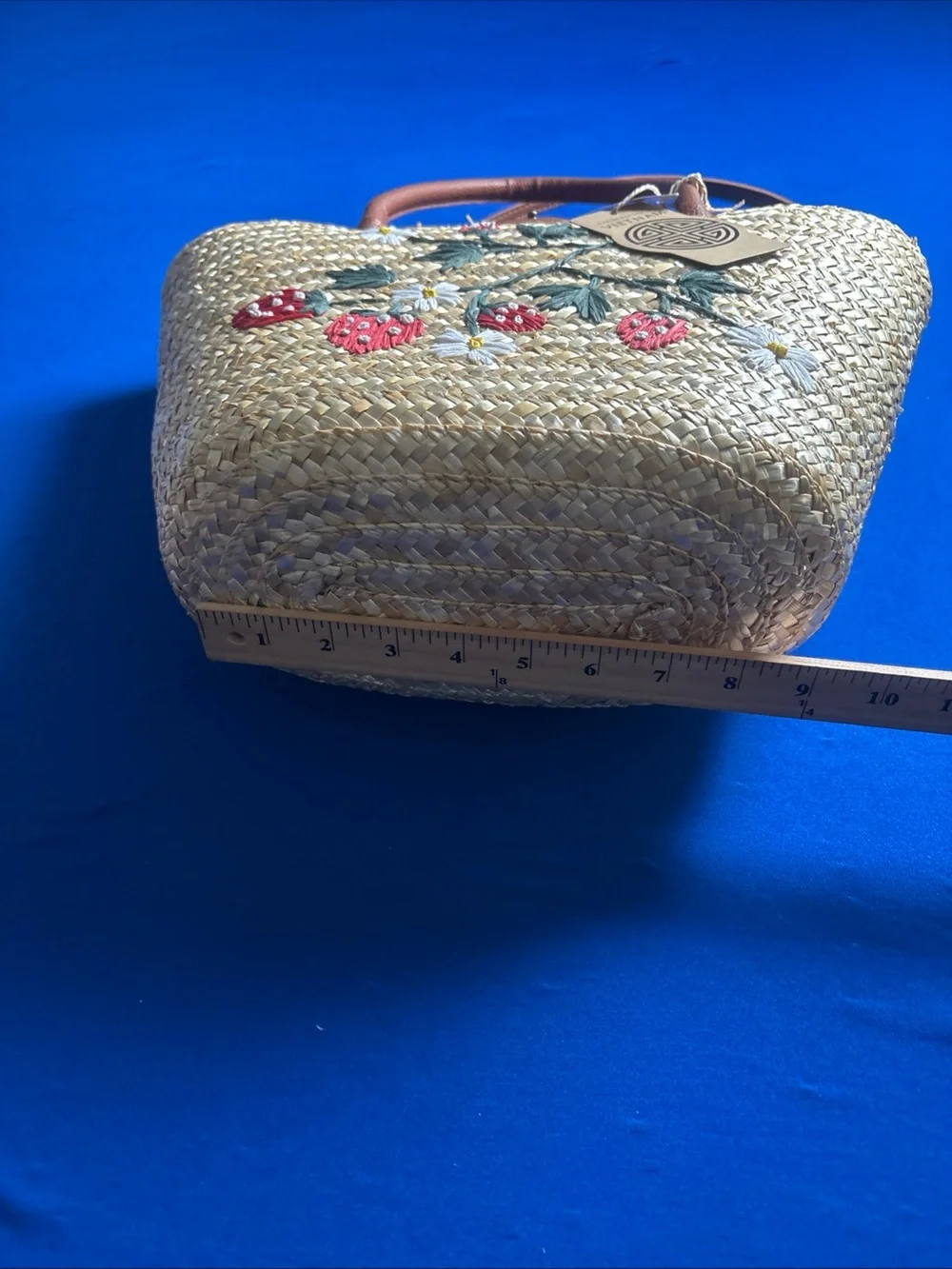 Source Unknown Straw Tote with Red Strawberry Embroidery and Tan Handles